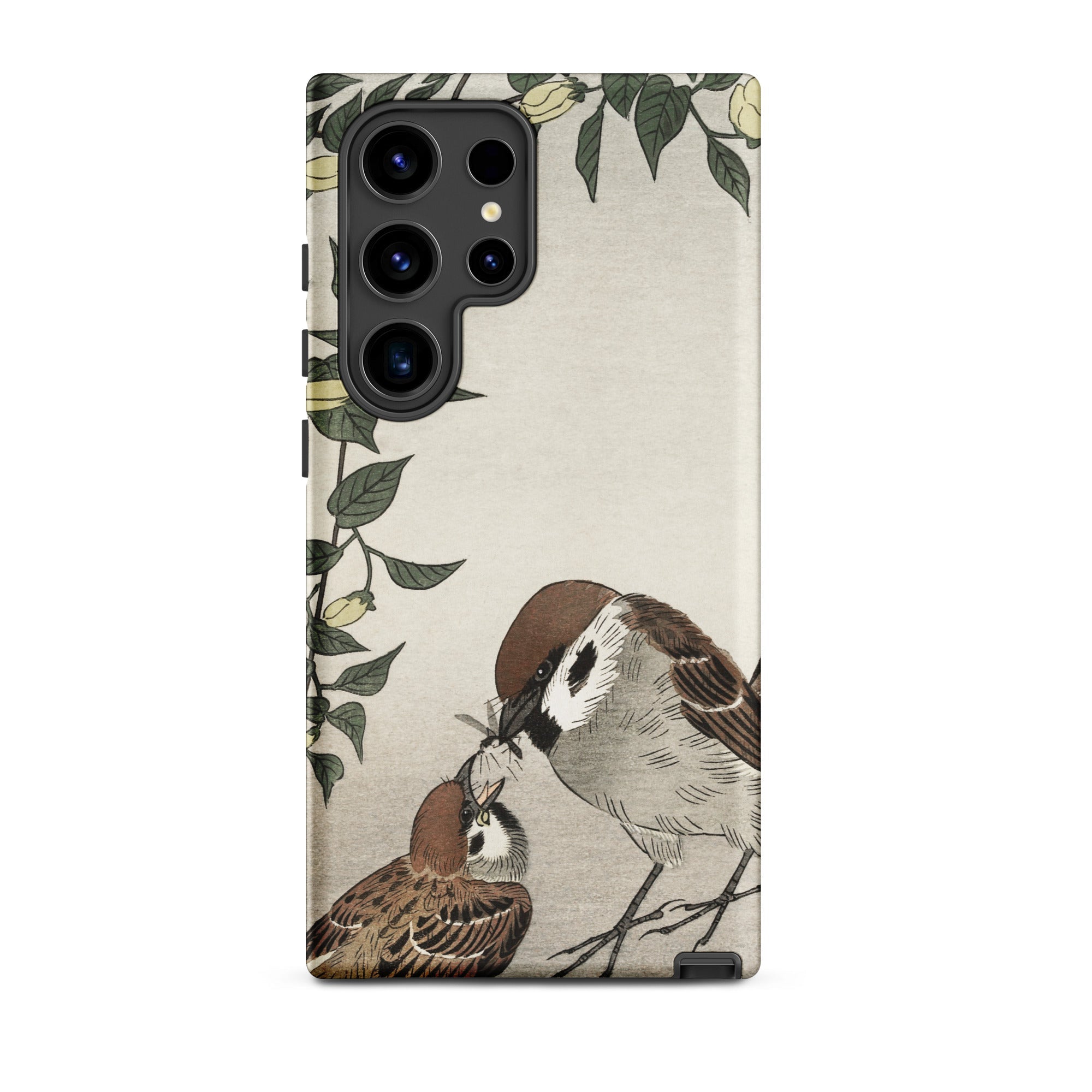 Mother Feeding Chick Ohara Koson Samsung Case, Galaxy S24 Ultra / Matte, Smartphone Case Artistic Depiction Two Sparrows Floral Border