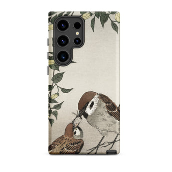Mother Feeding Chick - Ohara Koson Samsung Case, Galaxy S24 Ultra / Matte, Smartphone Case Artistic Depiction Two Sparrows Floral Border