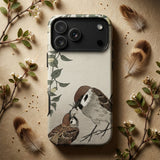 Mother Feeding Her Chicks - Ohara Koson Japanese Bird Phone Case Beige Phone Case Detailed Illustration Two Sparrows Brown Ohara Koson