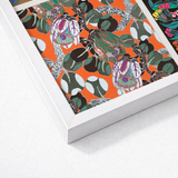 Vibrant Orange-framed Artwork Bold Stylized Botanical Print Intricate Edouard Benedictus’ Motifs, 1920s Parisian Flair, Decoratifs