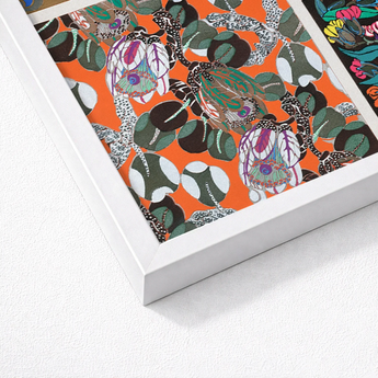 Vibrant Orange-framed Artwork Bold Stylized Botanical Print Intricate Edouard Benedictus’ Motifs, 1920s Parisian Flair, Decoratifs