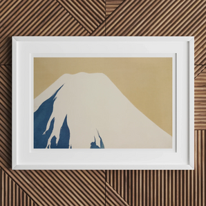 Mount Fuji - Kamisaka Sekka Rimpa Style Art Print, White-capped Mountain Peak Rendered Minimalist Blue Beige Tones