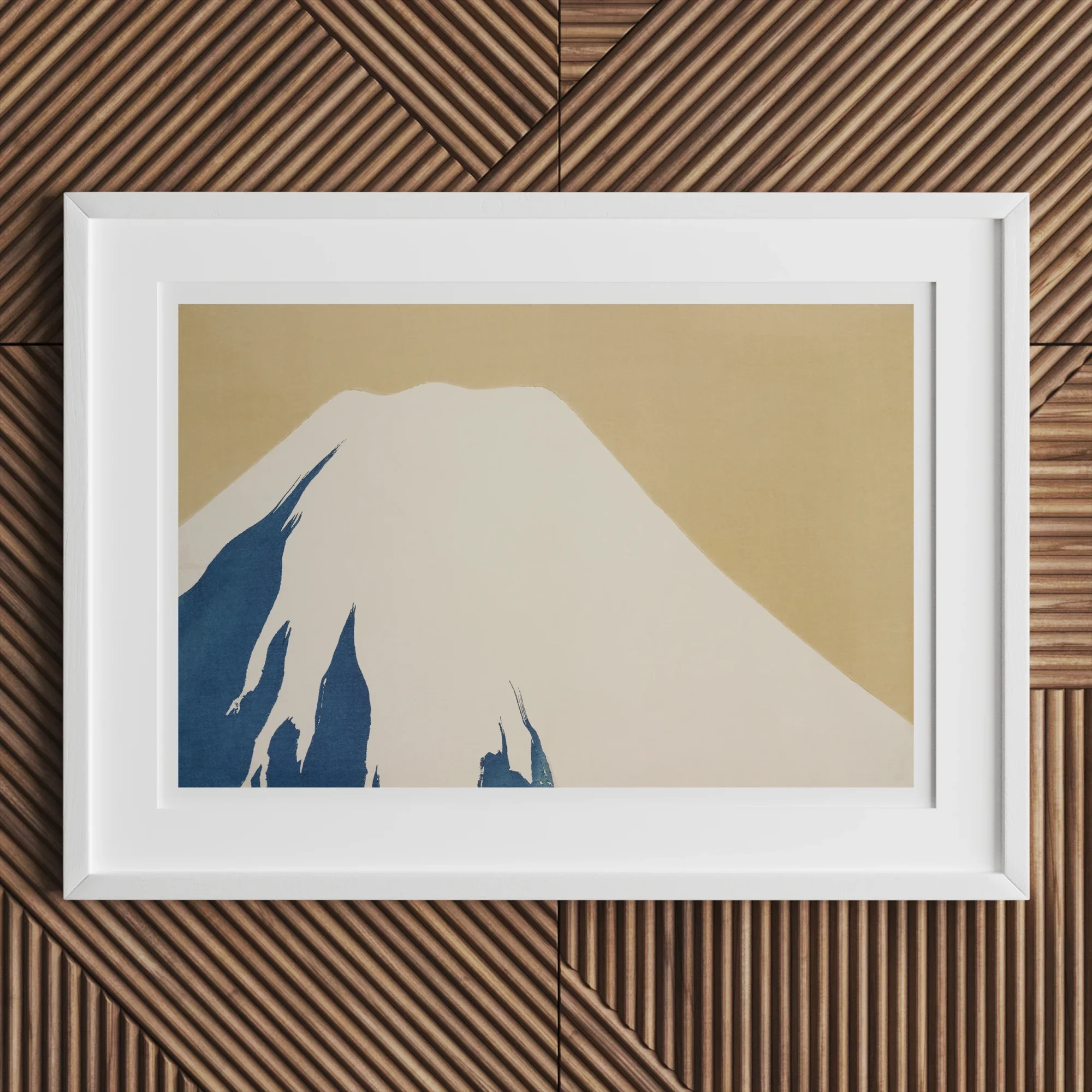 Mount Fuji - Kamisaka Sekka Rimpa Style Art Print, White-capped Mountain Peak Rendered Minimalist Blue Beige Tones