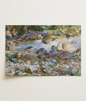 Watercolor Painting Nude Figure Rocks Stream Rendered Soft Mountain, Rushing Spine Breaks, Raw Sienna Wash, Opaque White Lifted, John