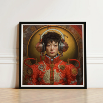 Red Steampunk-inspired Portrait Painting Black Frame White Mat Gay Chinese Astronaut, Aesthetic, Meet Mùchén
