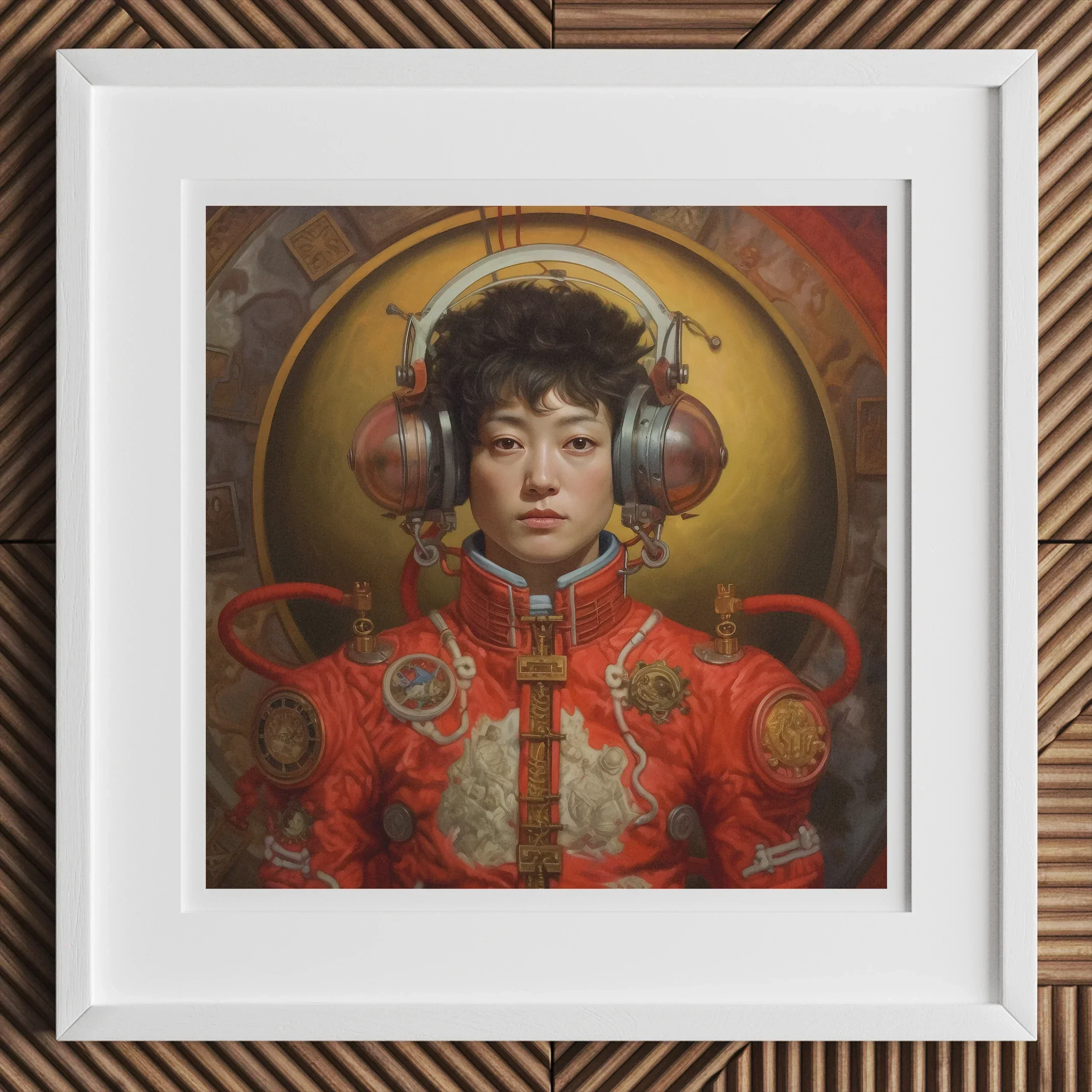 Mùchén Gay Chinese Astronaut Art Print, Framed Portrait Person Ornate Red Spacesuit Like Outfit Large