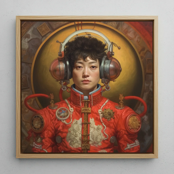 Mùchén - Gay Chinese Astronaut Framed Canvas, 12x12’’ / 31x31cm / Natural Floating Frame, Framed Painting Person Red Ornate Futuristic Suit