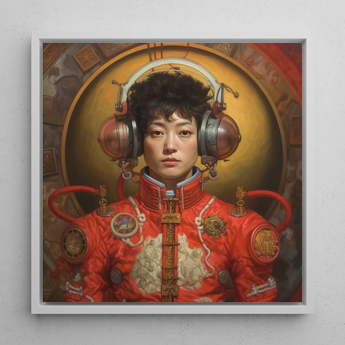 Mùchén - Gay Chinese Astronaut Framed Canvas, 12x12’’ / 31x31cm / White Floating Frame, Steampunk-style Portrait Person Headphones