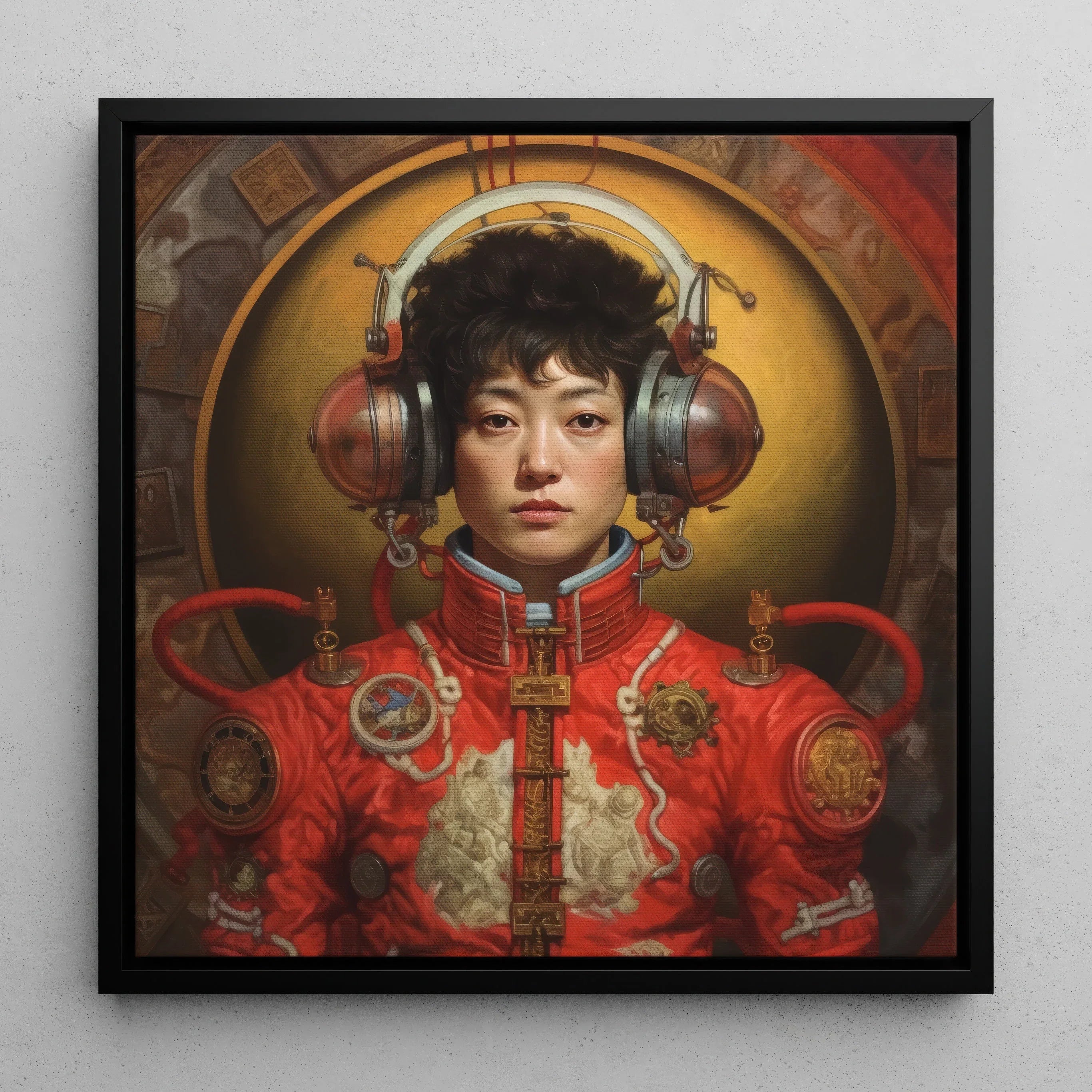 Mùchén Gay Chinese Astronaut Framed Canvas, Portrait Person Ornate Red Outfit Large Headphones Golden