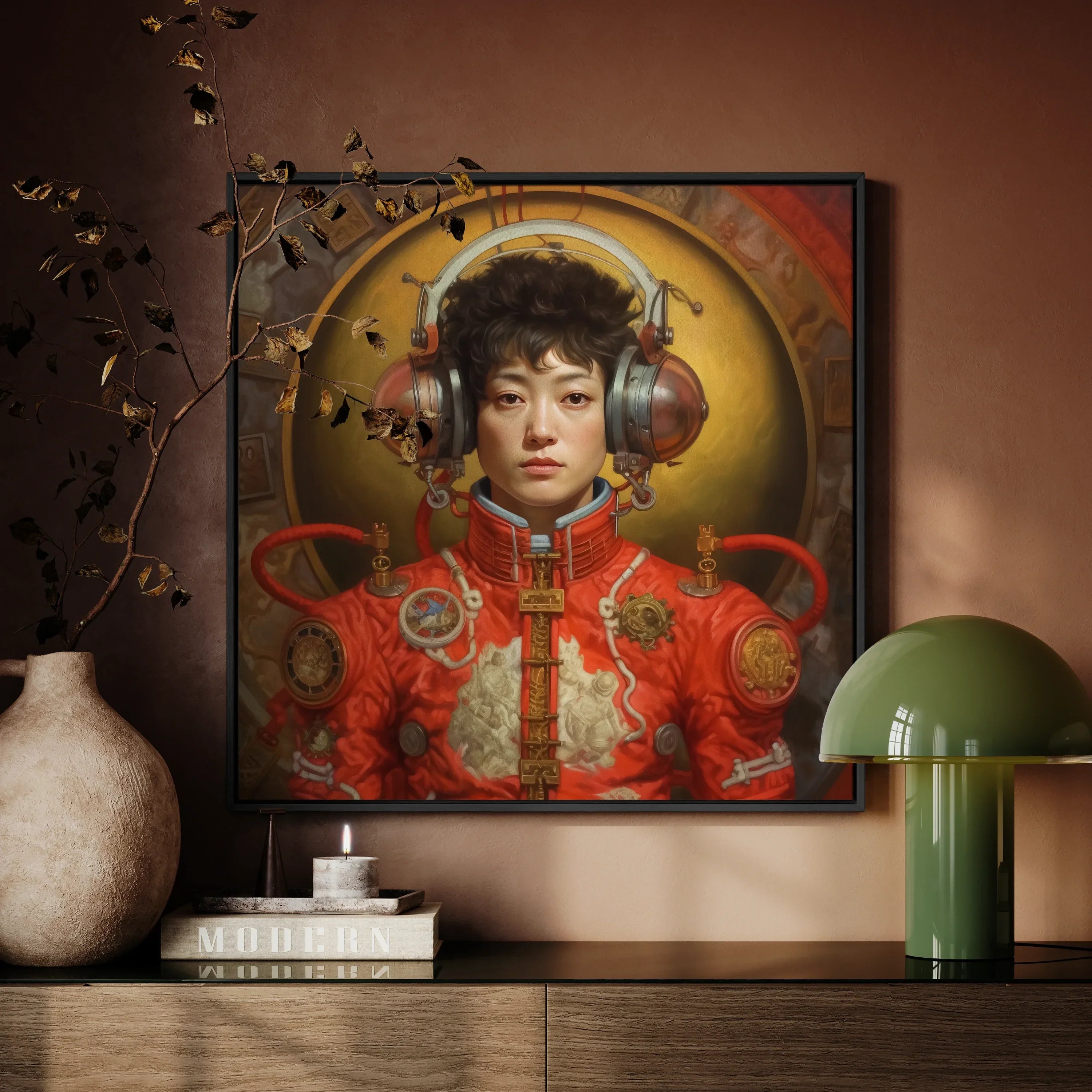 Mùchén Gay Chinese Astronaut Framed Canvas, Framed Portrait Person Traditional Chinese Attire Futuristic Headphones