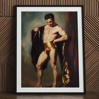Muscle Mary - Neoclassical Gay Male Art Print / Canvas Framed Classical-style Painting Muscular Man Gold-leafed Shorts Draped, Queer