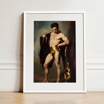 Muscle Mary - Neoclassical Gay Male Art Print / Canvas Framed Classical-style Painting Muscular Man Golden Shorts Dark, Queer Masculine