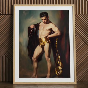 Muscle Mary - Neoclassical Gay Male Art Print / Canvas Framed Painting Muscular Man Gold Shorts Dark Robe, Queer Masculine Power, Prints