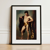 Muscle Mary - Neoclassical Gay Male Art Print / Canvas Framed Painting Muscular Man Golden Shorts Draped Fabric, Queer Masculine Power,