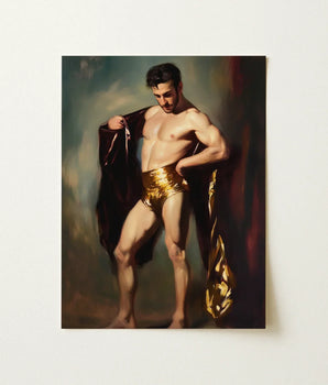 Muscular Man Golden Metallic Draped Dark Velvet Cloak Muscle Mary, Queer Masculine Power, Neoclassical Gay Male