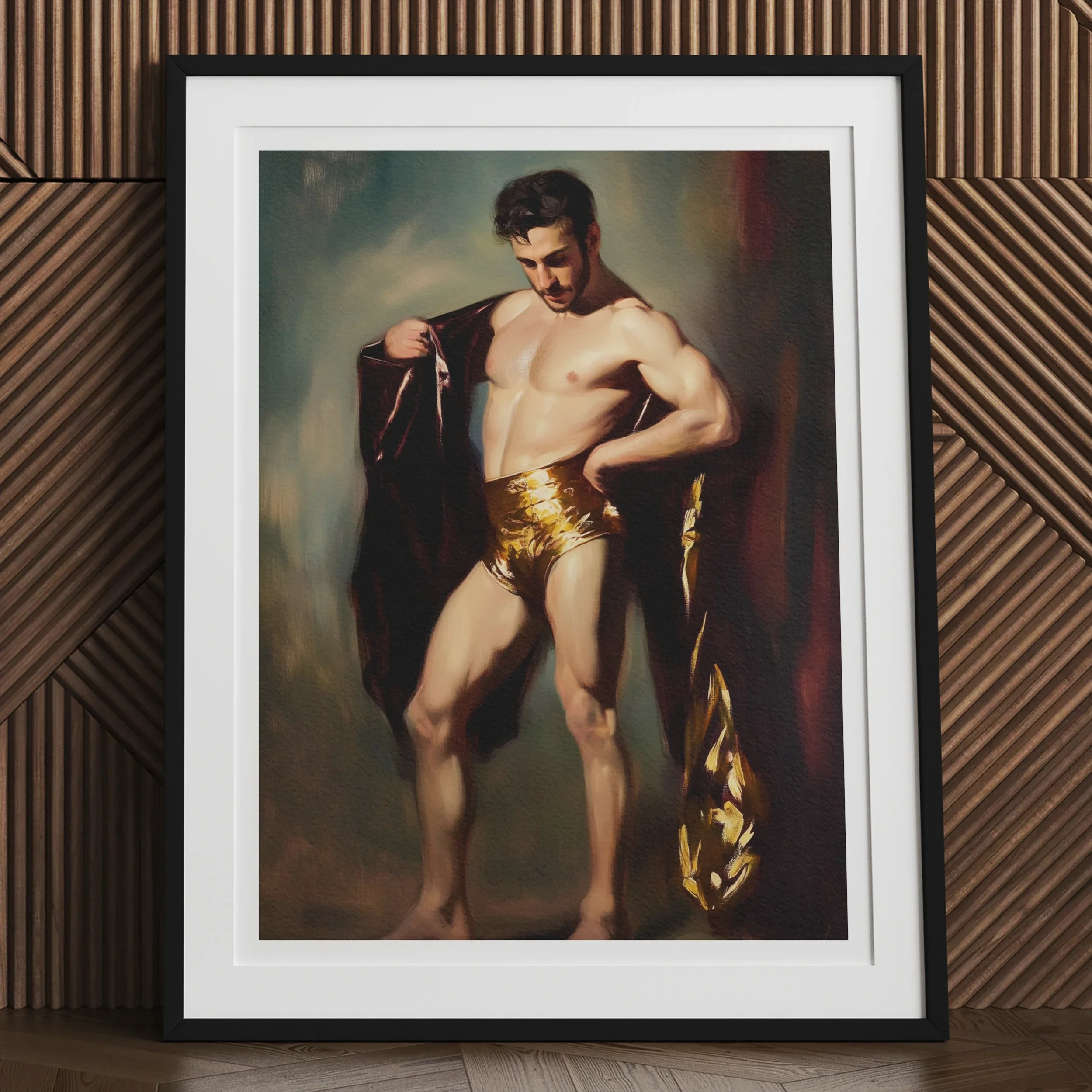 Muscle Mary Neoclassical Gay Male Art Print, Framed Photograph Muscular Shirtless Man Gold Shorts Dark