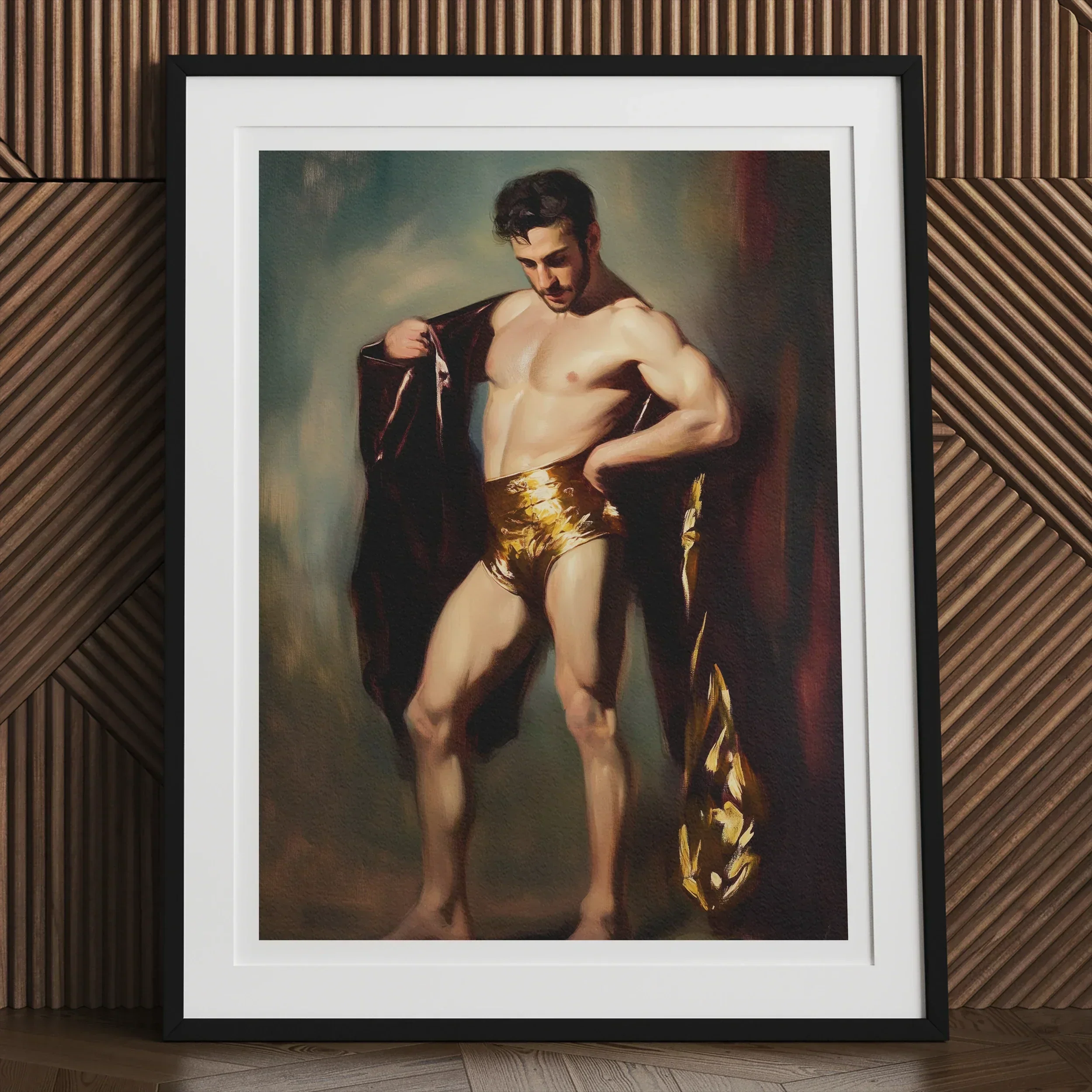 Muscle Mary - Neoclassical Gay Male Art Print, Framed Photograph Muscular Shirtless Man Gold Shorts Dark