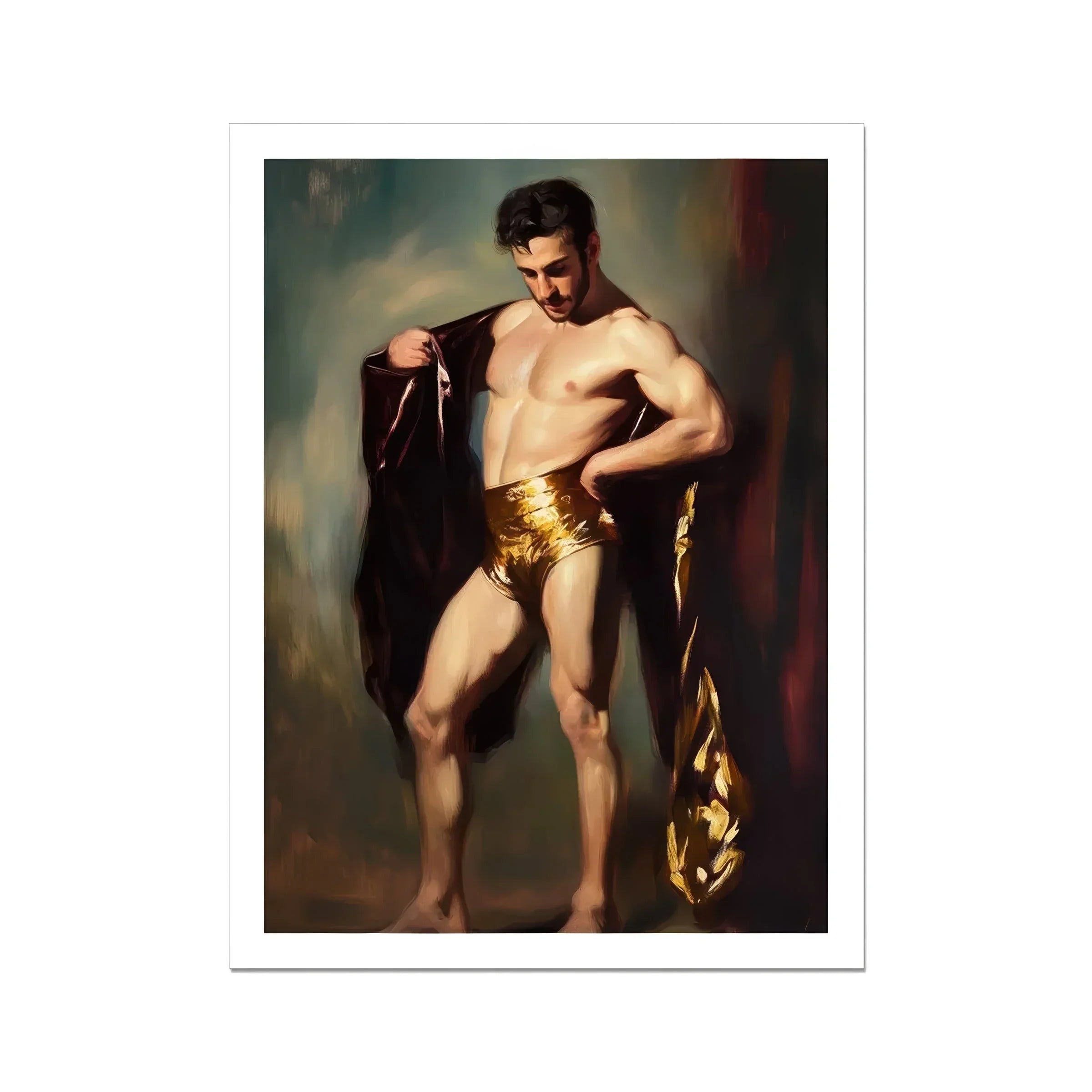 Muscle Mary - Neoclassical Gay Male Art Print, Muscular Shirtless Man Golden Shorts Dark Garment