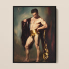 Muscle Mary - Neoclassical Gay Male Framed Canvas, Classical-style Painting Muscular Figure Gold Loincloth Dark Fabric