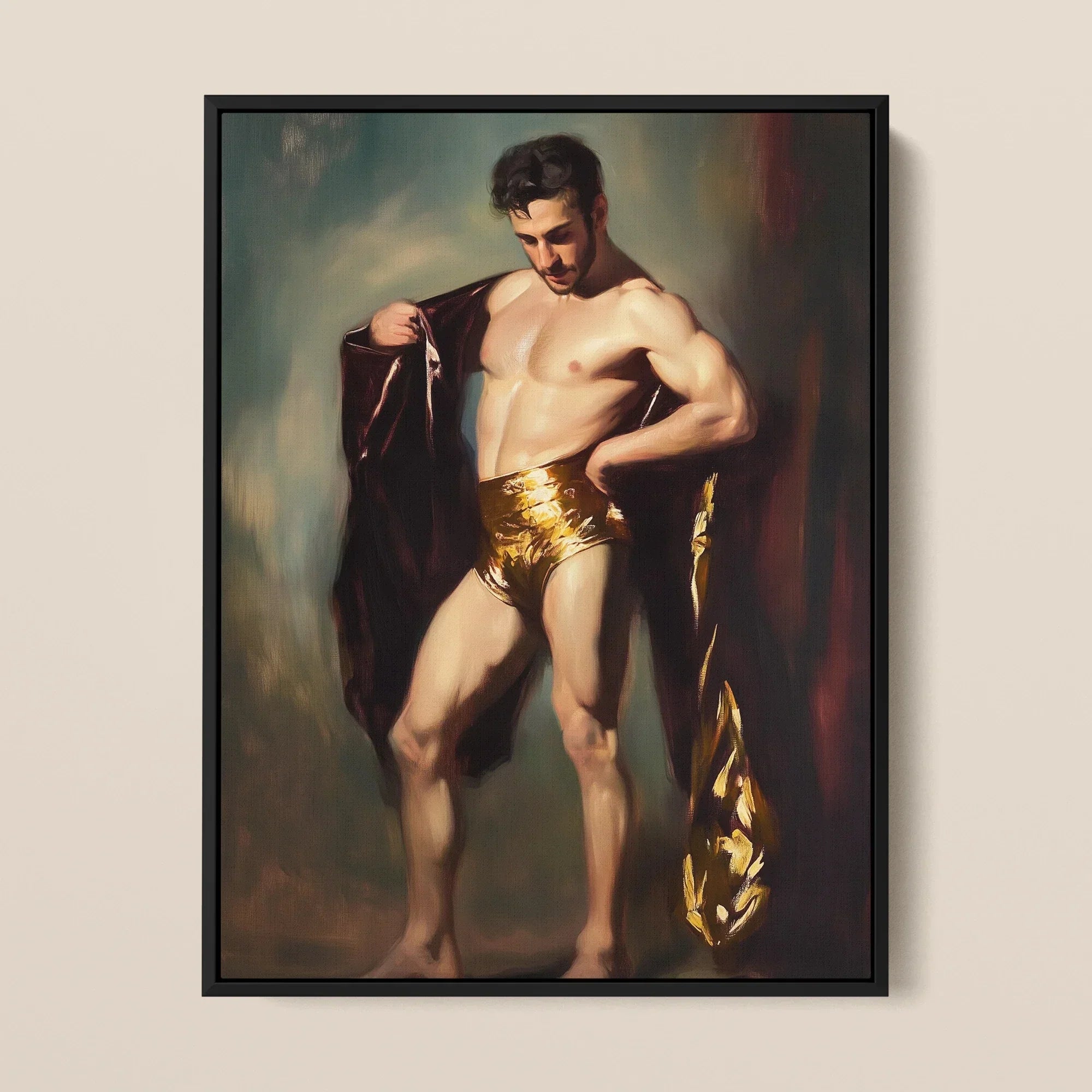 Muscle Mary - Neoclassical Gay Male Framed Canvas, Classical-style Painting Muscular Figure Gold Loincloth Dark Fabric
