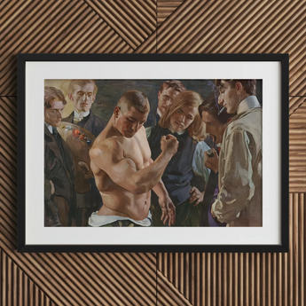 Muscle Play - Osmar Schindler Art Print, 24x16’’ / 61x41cm / Black Frame / 2’’ Matboard, Framed Painting Muscular Man Group Onlookers