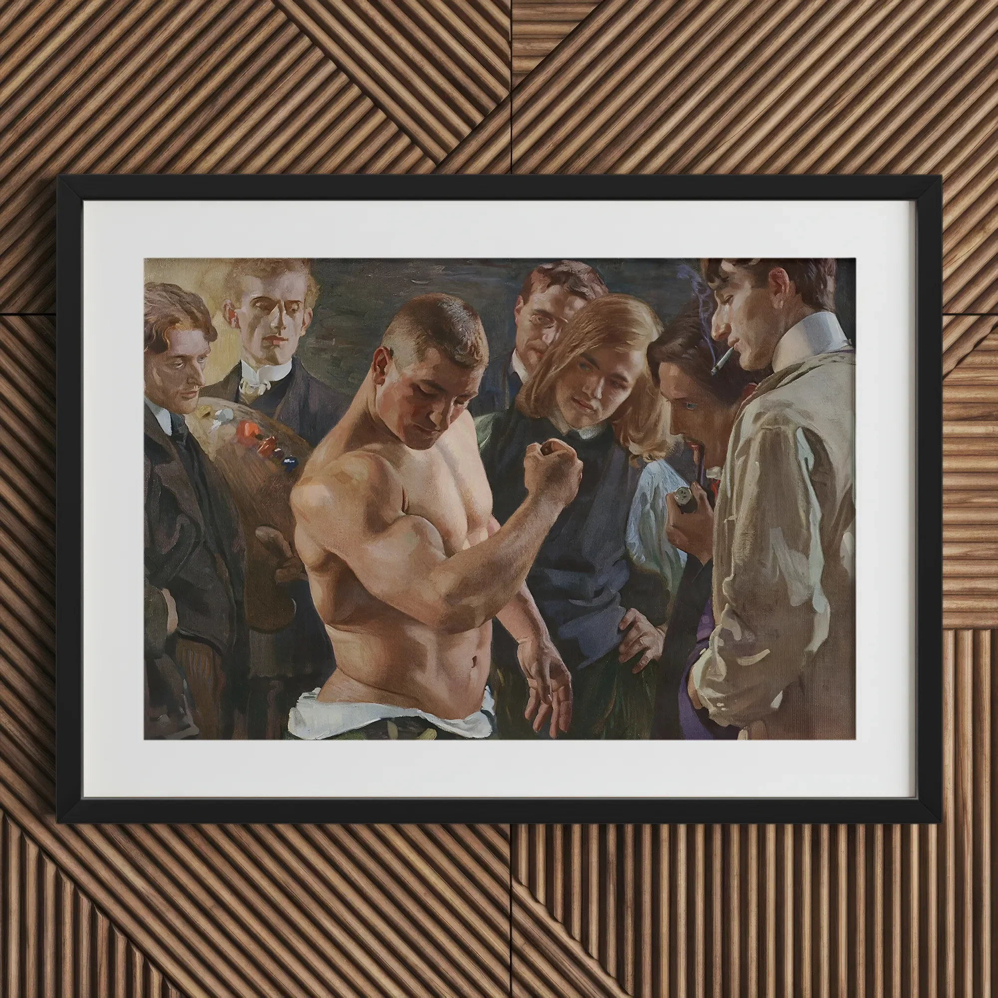 Muscle Play - Osmar Schindler Art Print, Framed Art Print Muscular Man Bicep Surrounded Onlookers
