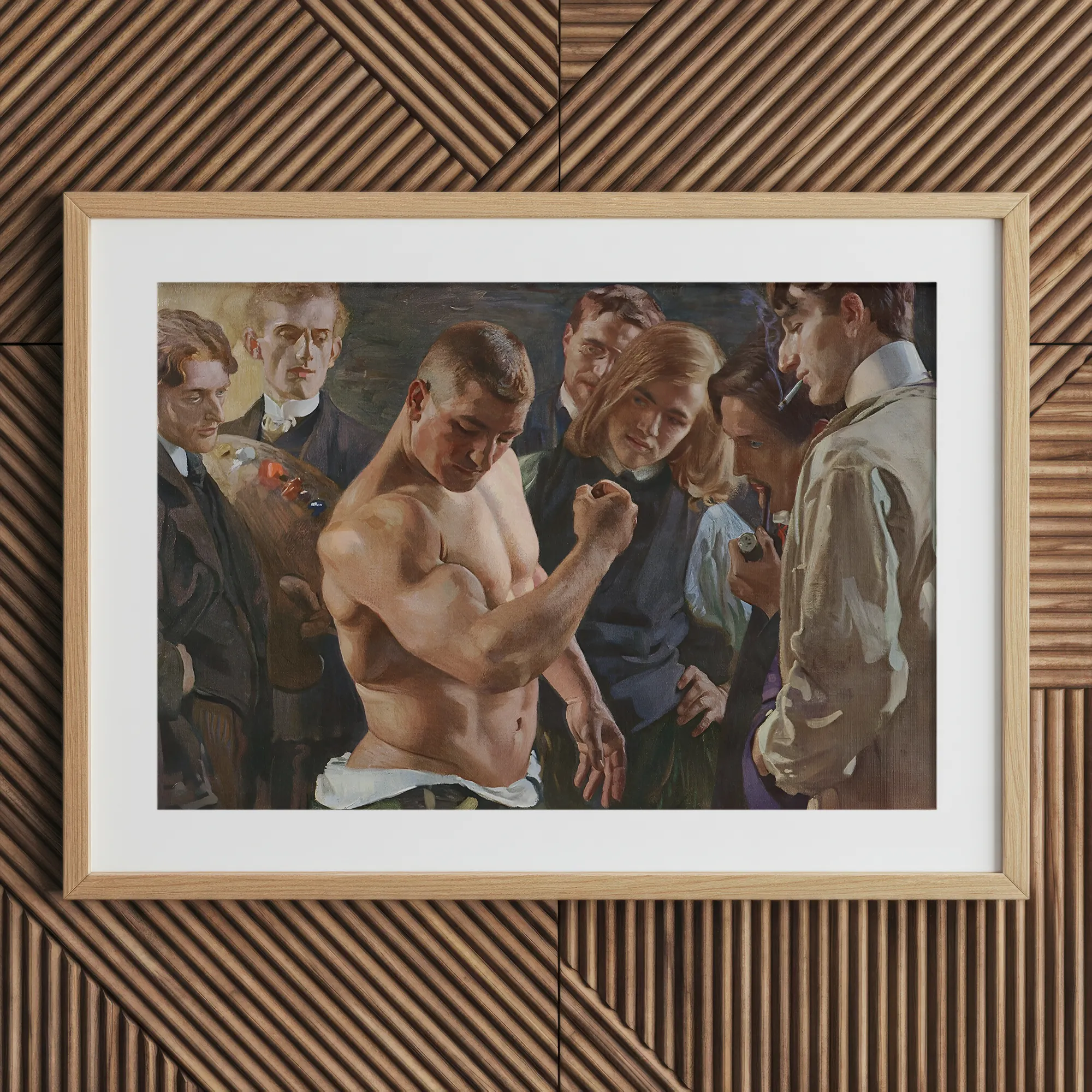 Muscle Play - Osmar Schindler Art Print, Framed Painting Muscular Man Bicep Group Onlookers