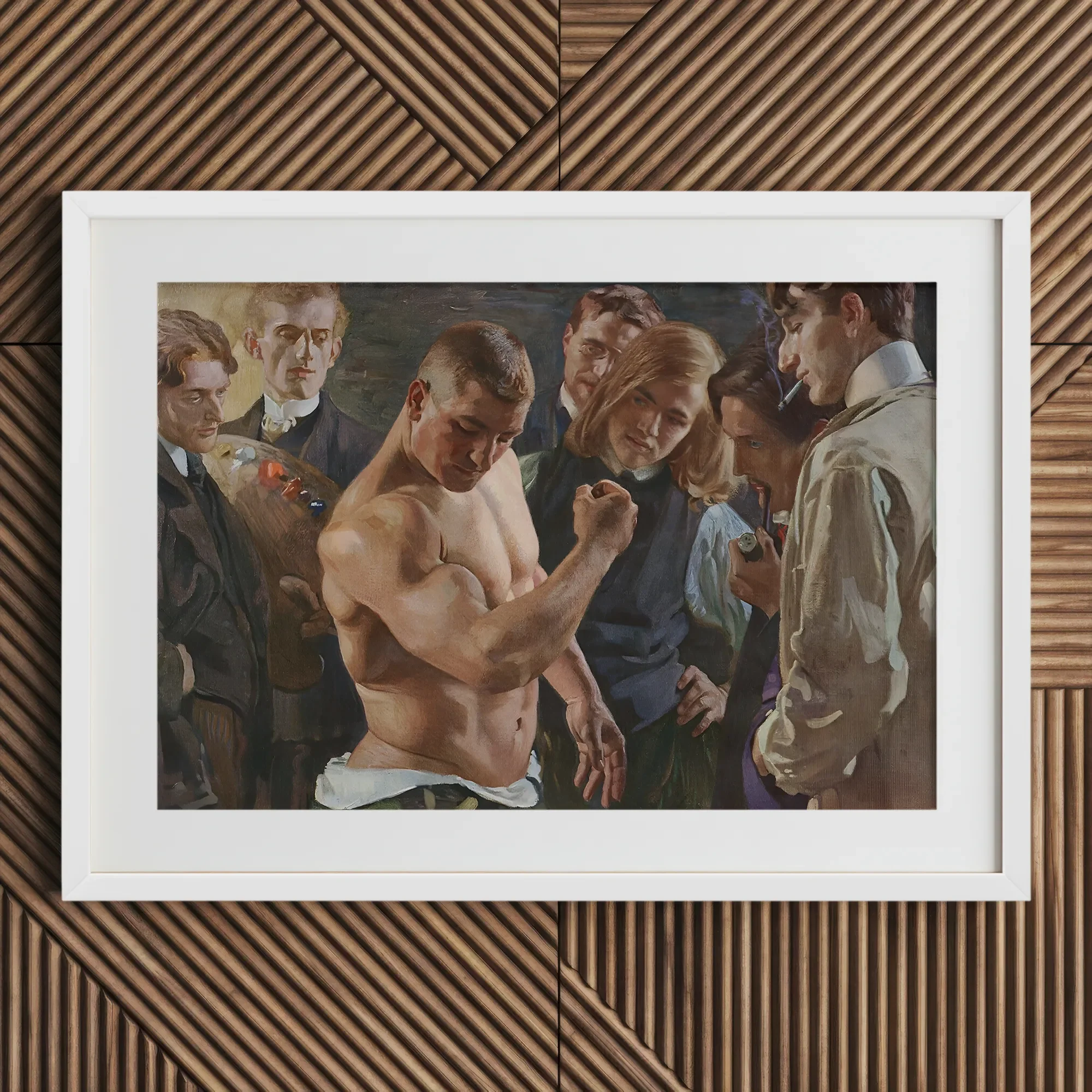 Muscle Play - Osmar Schindler Art Print, Framed Painting Muscular Man Group Onlookers