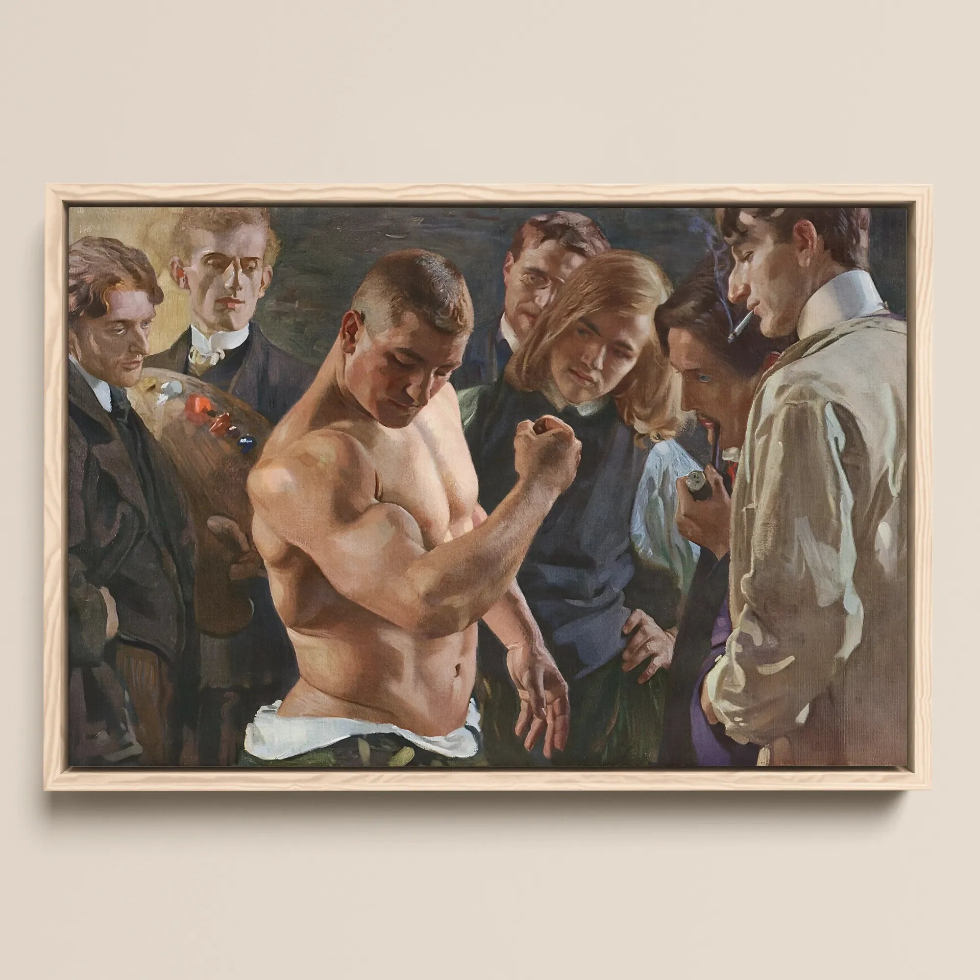 Muscle Play - Osmar Schindler Framed Canvas, Framed Oil Painting Group Men Shirtless Surrounded