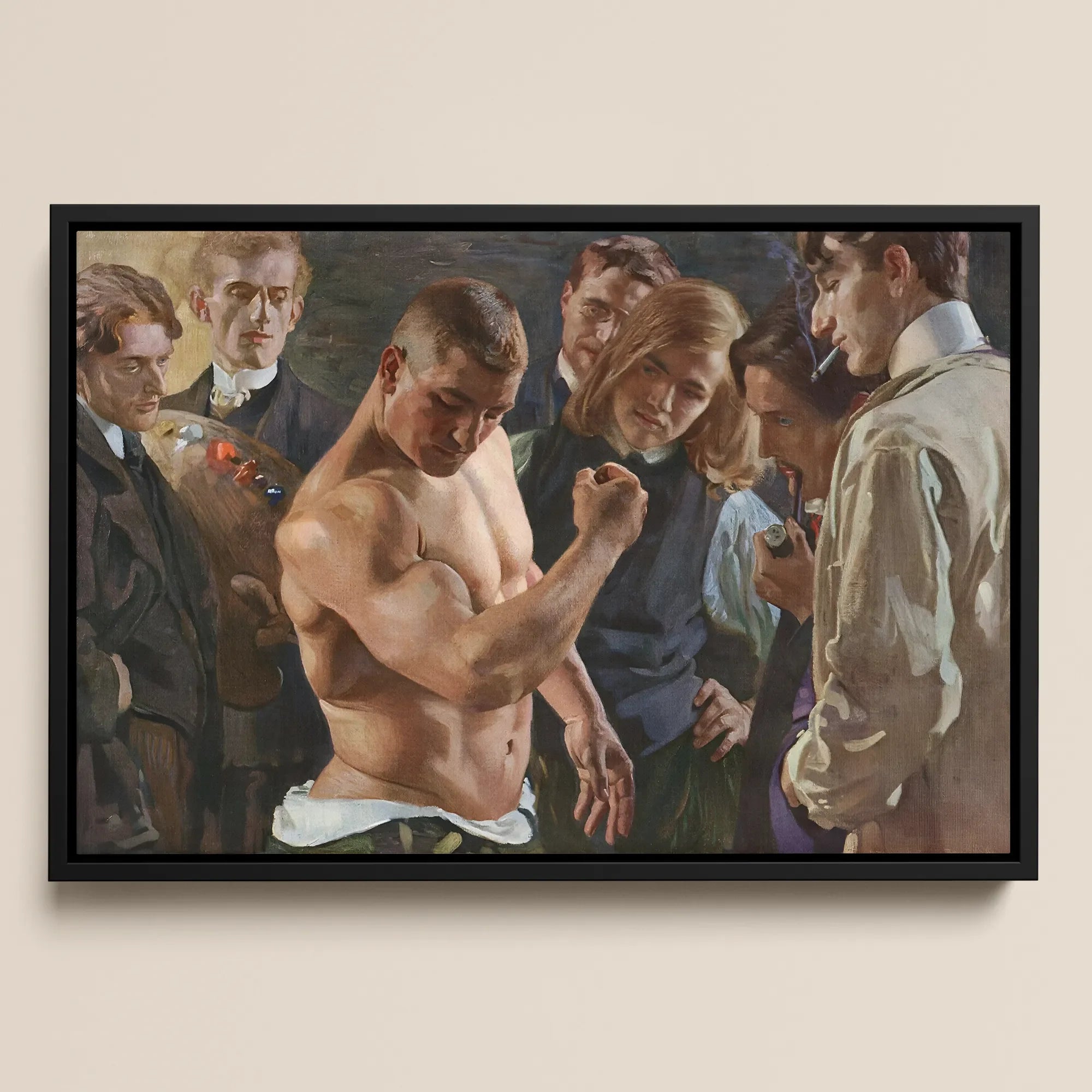 Muscle Play - Osmar Schindler Framed Canvas, Framed Painting Muscular Man Group Onlookers