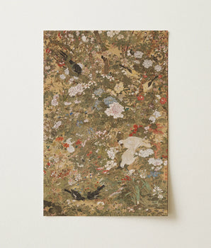 Rectangular Framed Print Dense Traditional East Asian-style Floral Myriad Birds, Ueno Setsugaku’s, Autumn Chrysanthemums Flare, Insects,