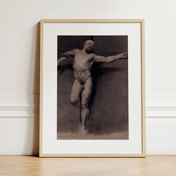 Naked Male Study for a Crucifixion - Fortuny Nu Art Print / Canvas Framed Charcoal Muscular Nude Figure Dynamic Pose Mariano Marsal,