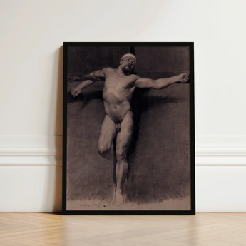 Naked Male Study for a Crucifixion - Fortuny Nu Art Print / Canvas Black-framed Monochrome Muscular Figure Dynamic Pose Mariano Marsal,