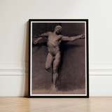 Naked Male Study for a Crucifixion - Fortuny Nu Art Print / Canvas Black-framed Monochromatic Sketch Muscular Bearded Man Mariano Marsal,