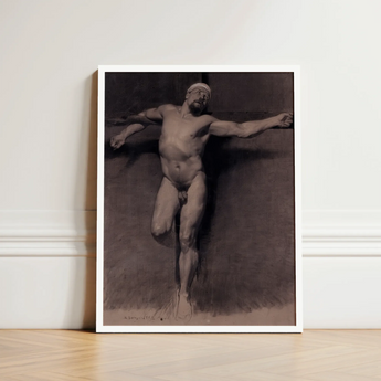 Naked Male Study for a Crucifixion - Fortuny Nu Art Print / Canvas Framed Monochrome Muscular Figure Dynamic Pose Mariano Marsal, Pressed,