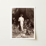 Naked Man Entering a Cave - Wilhelm Von Gloeden Art Print / Canvas Sepia-toned Framed Photograph Nude Figure Floral Crown, Mythic Resonance