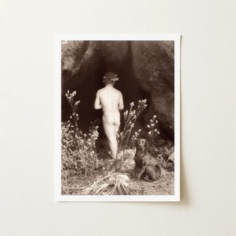 Naked Man Entering a Cave - Wilhelm Von Gloeden Art Print / Canvas Sepia-toned Framed Photograph Nude Figure Floral Crown, Mythic Resonance