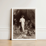 Naked Man Entering a Cave - Wilhelm Von Gloeden Art Print / Canvas White-framed Black-and-white Photographic Nude Figure Dog Outdoor,