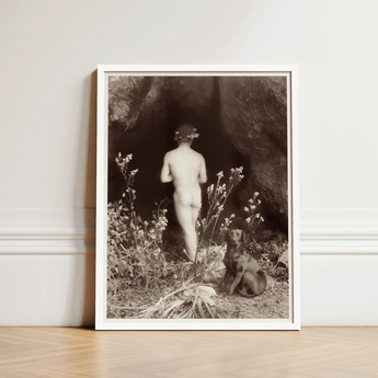 Naked Man Entering a Cave - Wilhelm Von Gloeden Art Print / Canvas White-framed Black-and-white Photographic Nude Figure Dog Outdoor,