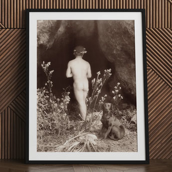 Nude man entering cave, sepia art print, dog. Wilhelm von Gloeden.