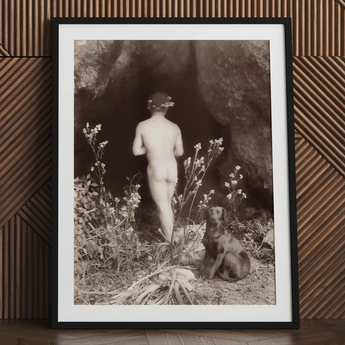 Naked Man Entering a Cave - Wilhelm Von Gloeden Art Print / Canvas Black-framed White-matted Sepia-toned Art Print Nude Figure Floral