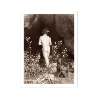 Naked Man Entering a Cave - Wilhelm Von Gloeden Art Print / Canvas Black White Artistic Nude Photograph Dog Companion Among Wilhelm