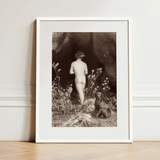 Naked Man Entering a Cave - Wilhelm Von Gloeden Art Print / Canvas Framed Black-and-white Photographic Print Nude Figure Dog Outdoor