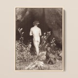 Naked Man Entering a Cave - Wilhelm Von Gloeden Art Print / Canvas Framed Black-and-white Photographic Print Nude Figure Floral Crown