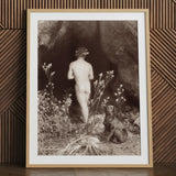 Naked Man Entering a Cave - Wilhelm Von Gloeden Art Print / Canvas Sepia-toned Framed Photograph Nude Figure Flowers Hair Seated Wilhelm