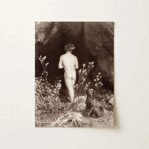 Naked Man Entering a Cave - Wilhelm Von Gloeden Art Print / Canvas Sepia-toned Photographic Print Nude Figure Floral Crown Cave Wilhelm
