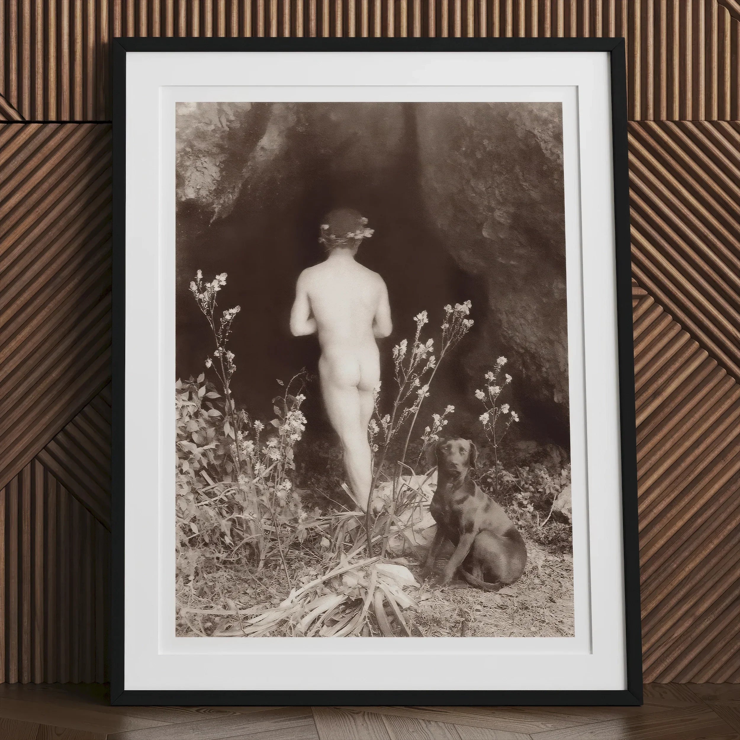 Naked Man Entering a Cave - Wilhelm Von Gloeden Art Print, Framed Black-and-white Photograph Nude Figure Dog Natural