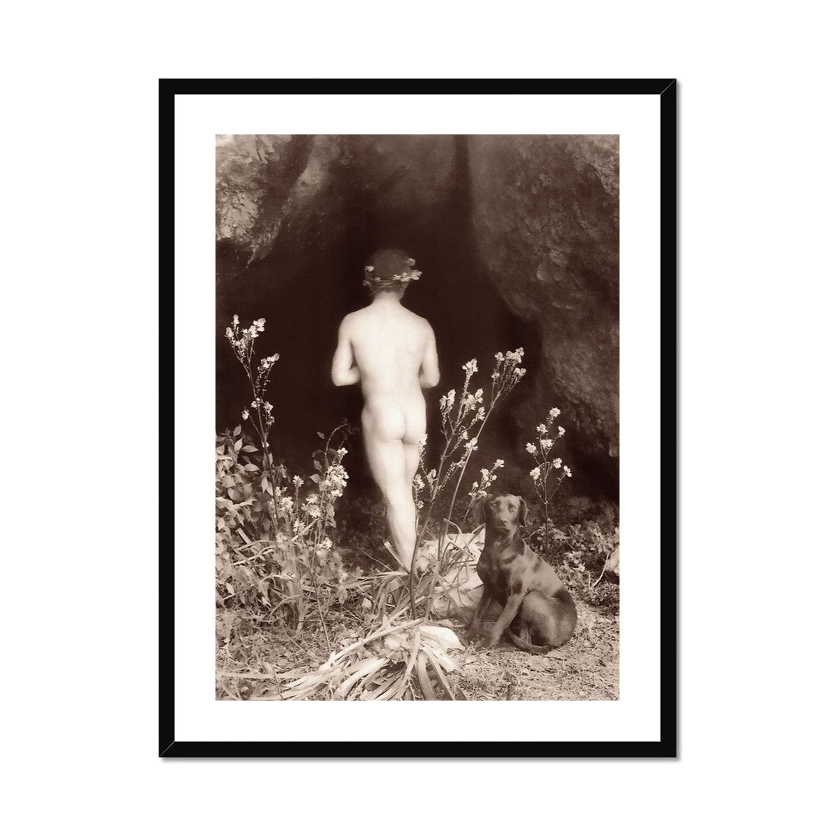 Naked Man Entering a Cave Wilhelm Von Gloeden Art Print, Sepia Toned Artistic Nude Photograph Flowers Foliage