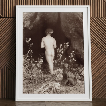 Nude man entering cave art print with dog, by Wilhelm von Gloeden.
