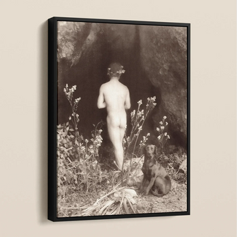 Naked Man Entering Cave - Wilhelm Von Gloeden Framed Canvas, Black White Artistic Nude Photograph Figure Among Flowers